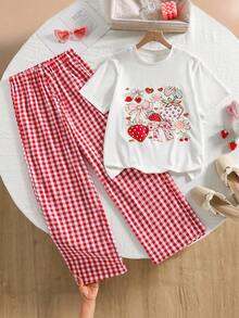 SHEIN 少女夏季休闲领结草莓印花T恤搭配格子裤套装 - 紅色 - 查看 1