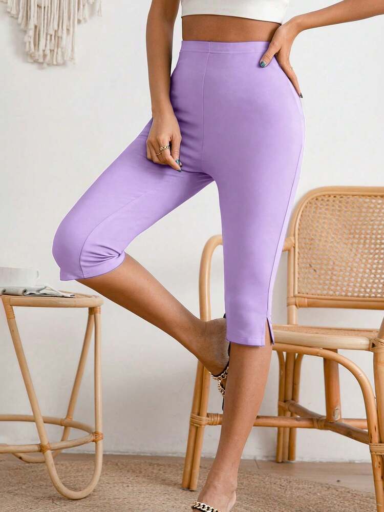 Breezaya Solid Split Hem Capris Leggings | SHEIN USA