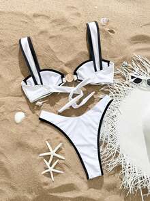 Swim  Set de 2 piezas de bikini con corte alto y split de color liso, mejor vendido para el verano, conjunto de traje de baño y vacaciones en la playa - Blanco - Ver 4