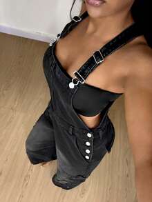 StreetHx Women's Fashion Pocketed Denim Bib Pants - Black - View 3