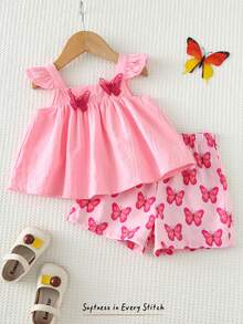 Cozy Pixies Baby Girl Butterfly Pattern Square Neck Sleeveless Top And Elastic Waist Shorts 2 Pieces Set - Pink - View 7