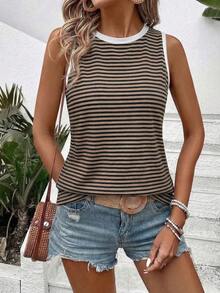 SHEIN Holidaya Tank Top Wanita Ukuran Plus Terbaru, Kasual, Leher Bulat, Bergaris, Serbaguna, Terlaris - MultiWarna - View 4