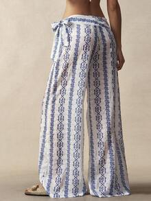 Bohemela 女士休闲宽松梭织裤，适合度假穿着 - 藍白色 - 查看 7