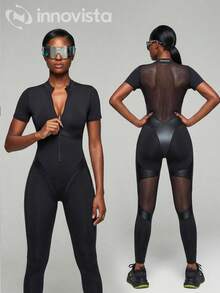 Innovista Women's Black Summer Athleisure Gym Jumpsuit,Short-Sleeve Mesh Panel Equestrian One-Piece,Front Zipper,Removable Pads,Tummy Control & Lifting - Black - View 10