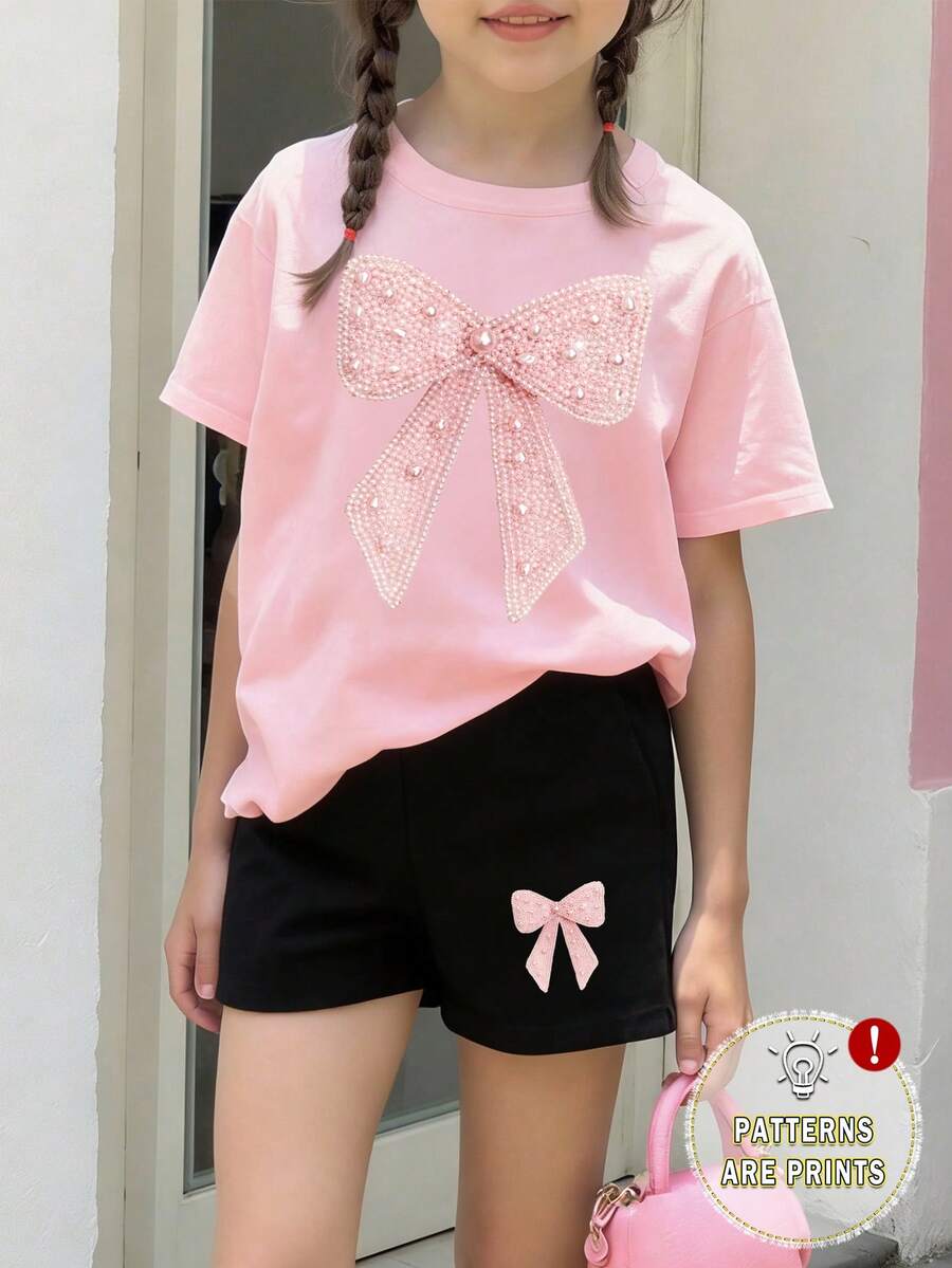 2件套女童休闲时尚创意蝴蝶结装饰印花T恤短裤套装,舒适百搭,适合春、夏、秋季日常穿着。 - 彩色 - 查看 1