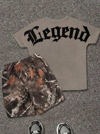 SHEIN 两件套男童休闲简约时尚大字母印花背包和树叶枝条图案短裤套装，适合夏季穿着