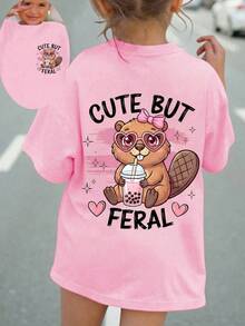 小女孩卡通松鼠字母印花落肩T恤 - 粉色 - 查看 1