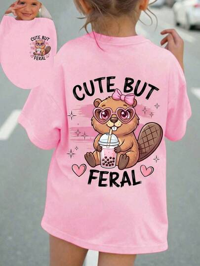 小女孩卡通松鼠字母印花落肩T恤