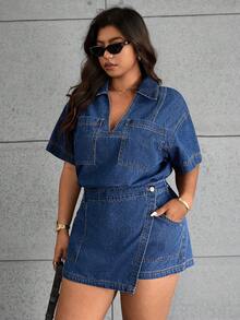 SHEIN ICON Jaket Denim Kasual Ukuran Besar, Musim Panas - Medium Wash - View 7