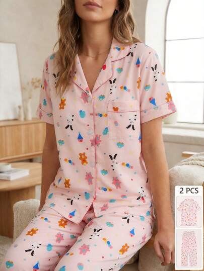 Pijama mujer 2 piezas, conjunto ropa de dormir, set juvenil con camisa manga corta y pantalón largo, pijama cómodo estampado, homewear femenino moderno, ideal descanso, regalo y uso diario