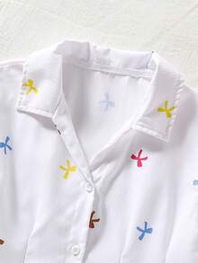 SHEIN 条纹前开襟短袖休闲衬衫，灯笼袖，蝴蝶结腰身，A字廓形，修身显瘦，适合通勤、度假休闲等场合，夏季穿着。 - 白色 - 查看 2