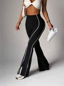 Dewbera Women's Seamless Contrast Trim Split Hem Sports Pants Boot Cut Yoga Pants Flare Yoga Pants Women Flare Leggings Flare Workout Pants Flared Leggings Black And White Work Out Pants - Black - View 5