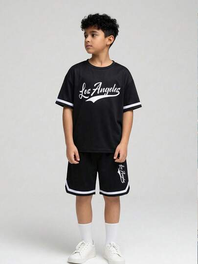 SHEIN 2pcs Tween Boy Sporty Casual Outfit - Soft & Comfortable Graphic Tee With Handwritten Letter Print And Elastic Waist Shorts Set, Suitable For Autumn, Spring, Summer, Versatile For Daily Wear, Outdoor Play, School, Street Style, Party And Leisure