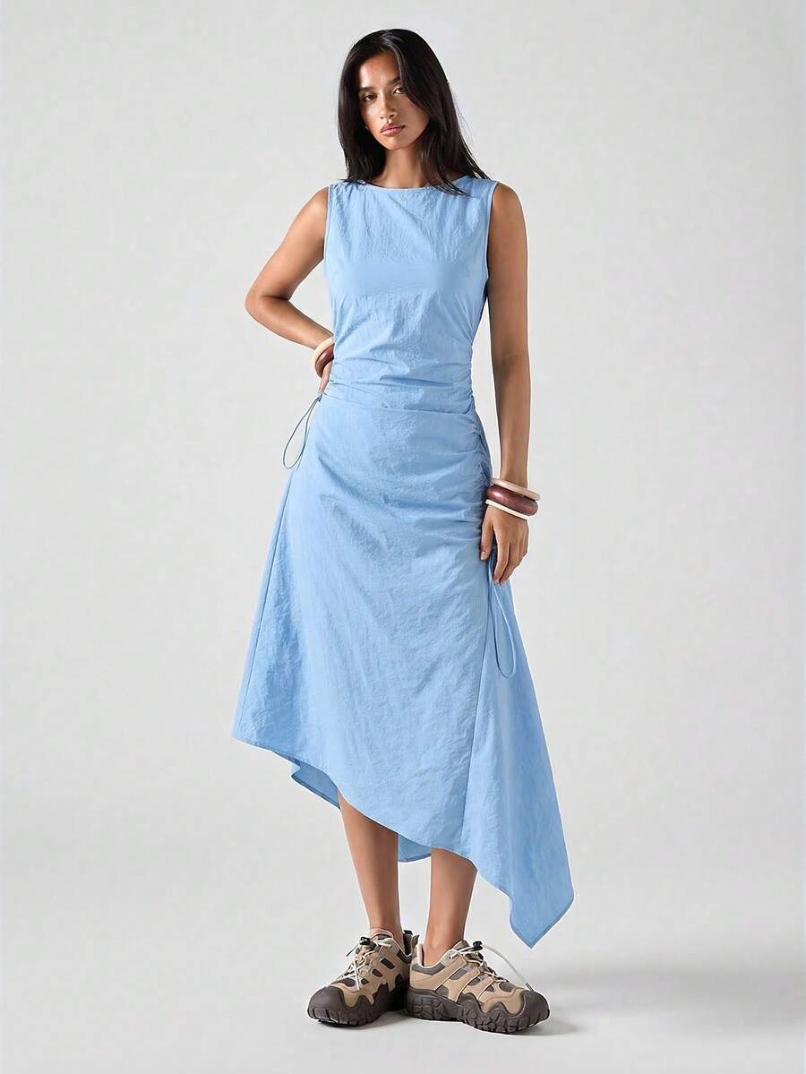 LYSMO 2026新款简约春季女式户外蓝色圆领无袖荷叶边不对称下摆休闲中长连衣裙，适合外出、返校、毕业典礼、街头休闲穿着，女士休闲连衣裙 - 藍色 - 查看 1