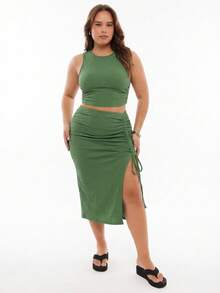 Solavibe Plus Size Elastic Fitted Camisole Top And Side Drawstring Split Hem Skirt 2 Pieces Set,Summer Outfits For Women - Green - View 3