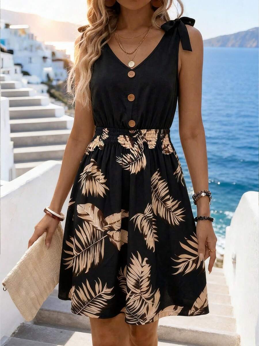 SHEIN Holidaya 女士夏季连衣裙，纽扣装饰裹身裙，配腰带，V领吊带裙，热带印花沙滩裙，适合日常穿着、海滩度假等场合。 - 彩色 - 查看 1