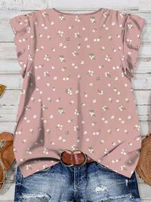 EMERY ROSE Plus Size Casual Minimalist Ditsy Floral Shirt, Suitable For Summer - Dusty Pink - View 2