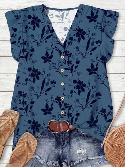 Rusticease Women's Floral Print V-Neck Casual Shirt, Suitable For Autumn/Summer,Casual