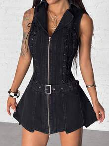 StreetHx Đầm denim ôm dáng, không tay, màu trơn, có khóa kéo dành cho nữ - màu đen - Xem 3