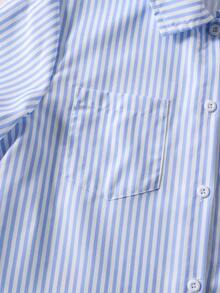 SHEIN 适合度假、上学的少女休闲街头服饰，卡通印花条纹衬衫和裤子套装 - 藍色 - 查看 4