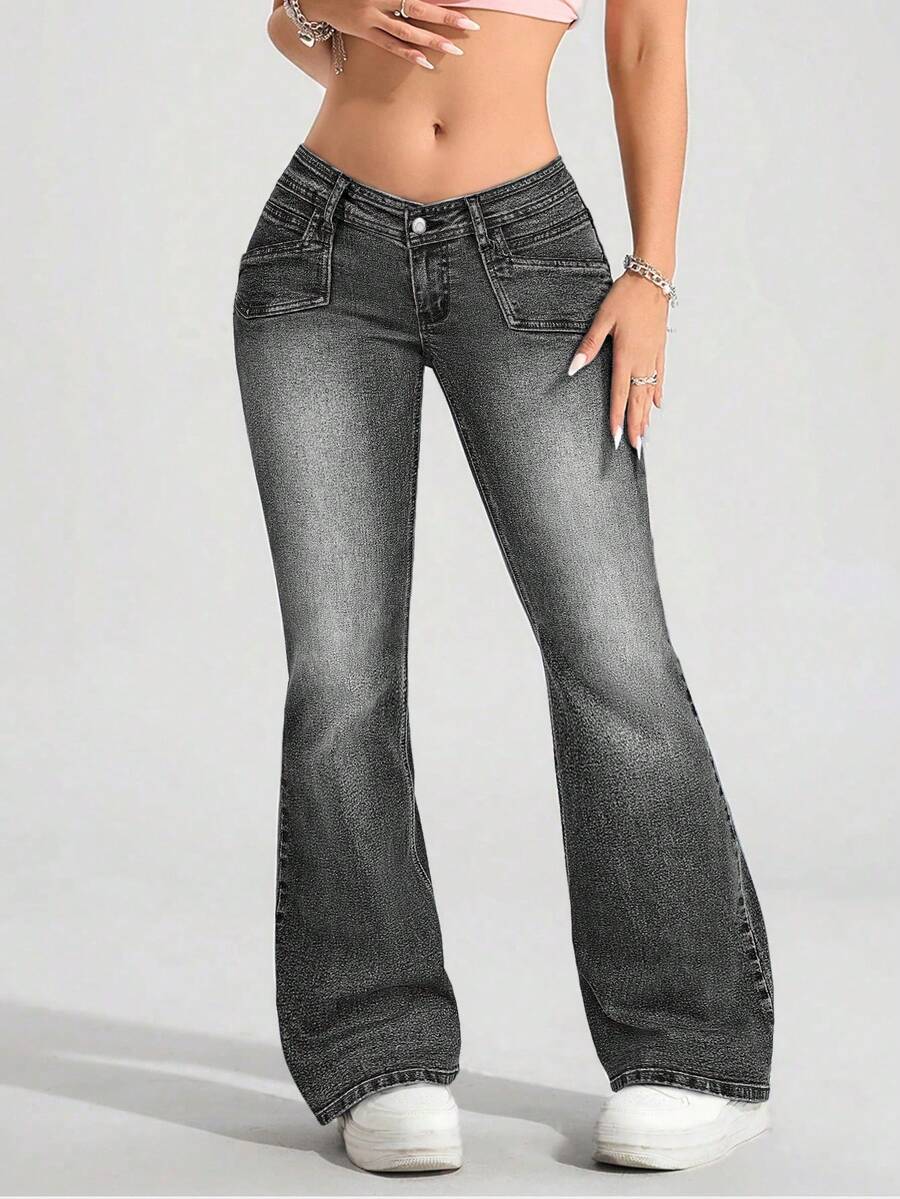 SHEIN ICON Women's Fashion Street Style Washed Flared Jeans With Slant Pockets - Grey - View 1