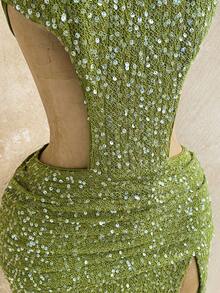 Soleia Đầm dạ hội hở lưng, cổ yếm, xẻ cao, đính sequin dành cho nữ, thích hợp đi nghỉ mát ở bãi biển. - màu xanh lá - Xem 6