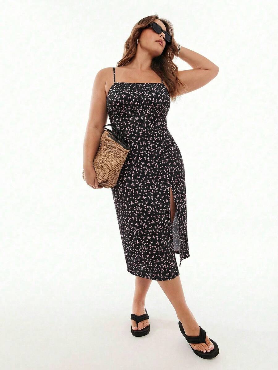 SHEIN EZwear 大码夏季休闲碎花侧开衩吊带连衣裙 - 彩色 - 查看 1