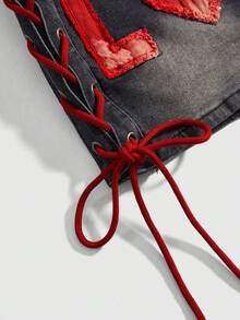 ROMWE Street Life Sexy Valentine's Day LOVE Patch Heart Denim Mini Skirt, Spring/Summer - Black - View 4
