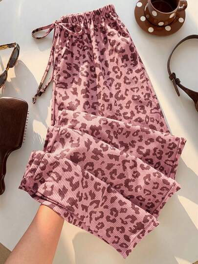 SHEIN EZwear Women's Casual Pink Leopard Print Drawstring Waist Loose Pants