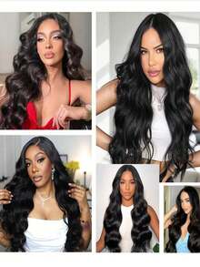 波浪卷蕾丝前额假发，真人发丝，预先拔毛，带婴儿绒毛，180密度，女士真人发假发，4x4透明蕾丝前额假发，自然发际线 - Natural Black - 查看 6