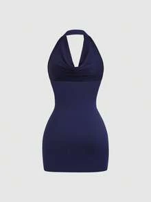 SHEIN MOOSTA 女士休闲简约深V领无袖短连衣裙，春夏款 - 藏蓝色 - 查看 2