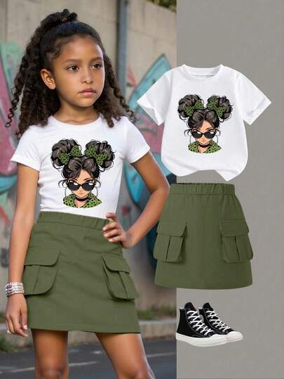 Sparklyn Set de 2 piezas de camiseta de manga corta y falda para niñas jóvenes, de estilo casual de primavera/verano, con diseños de personajes de dibujos animados y niñas dulces, camiseta de cuello redondo cómoda y falda utilitaria, adecuada para uso casual, calle, al aire libre, escuela, fiesta y regalo