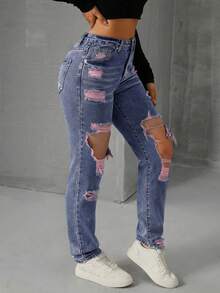 SHEIN EZwear 女士口袋纽扣做旧休闲百搭日常牛仔裤 - 紫色 - 查看 6