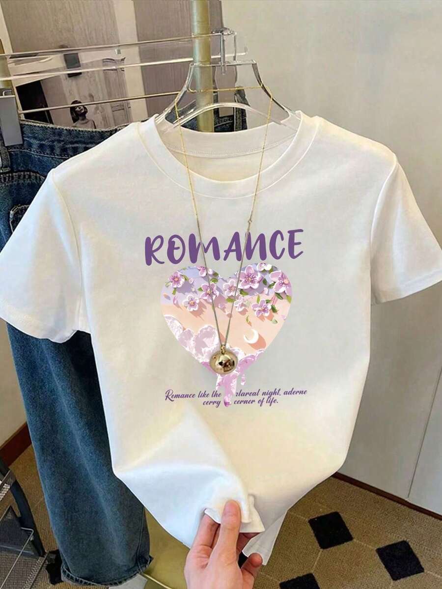 青少年女孩白色短版T恤,花卉與字母印花,可愛夏季修身上衣,適合畢業、度假、居家與海灘的日常百搭上衣 - 白色 - 查看 1