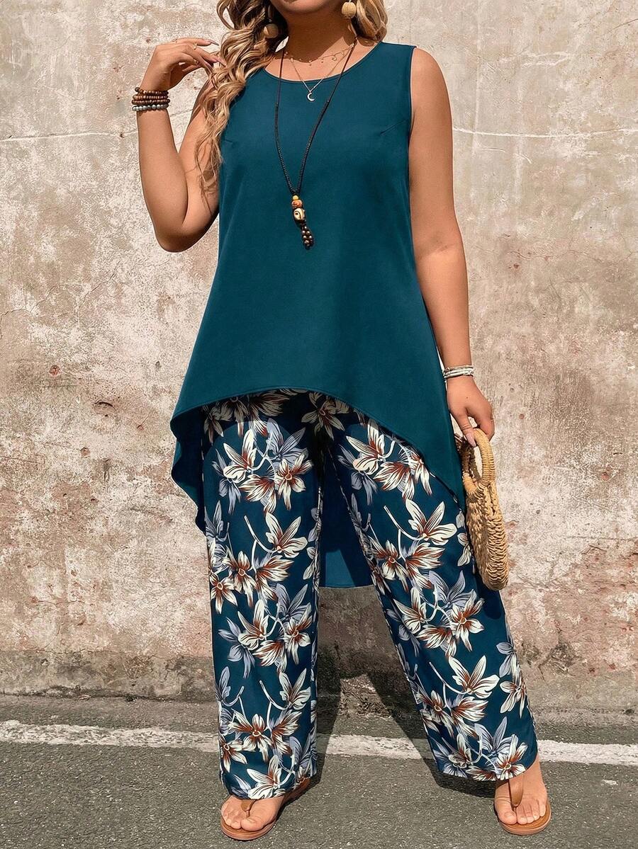 EMERY ROSE Conjunto informal de 2 piezas de top largo de cuello redondo y pantalones de pierna ancha para mujer de talla grande - Azul Cadete - Ver 1