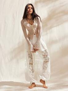 Easelle 复古低腰白色蕾丝拼接镂空透视浪漫女士长裤 - 白色 - 查看 5