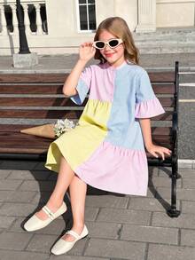 SHEIN Tween Girl Vacation Casual Woven Patchwork Shirt Dress - Multicolor - View 3