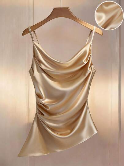 Franclia Women's Elegant Fashion Minimalist Versatile Commuting Casual Sleeveless Top With Asymmetrical Hem And Discounted Strap Satin Blouse Gold Top Slik Blouse Cowl Neck Top Satin Top Gold Blouses For Women