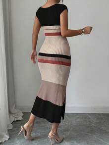 Elenzga Vestido de punto elegante de manga corta con cuello en U, ajustado, de largo medio y bajo con abertura, diseño de rayas, estilo versátil de señora, nuevo para primavera/verano - Multicolor - Ver 2