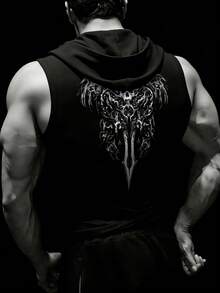 RISE LYT 男士翅膀骷髅印花抽绳连帽休闲百搭日常运动T恤 - 黑色 - 查看 2