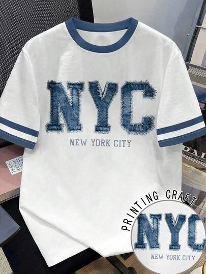 Manfinity Joysei Retro NYC Embroidered Graphic Round Neck Short Sleeve T-Shirt Summer College Style Loose Casual Couple Top, Contrast Color Cuff And Collar Loose Niche Design Graphic Round Neck T-Shirt For Men Graphic T-Shirt For Women