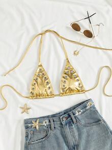 Swim SXY Women's Sexy European & American Style Music Festival Party Bold & Summer Beach Casual Vacation Basic Gold Foil Fabric Halter Micro Triangle Cutout Open Back Bikini Top, Perfect For Spring Break, Back To School, Oktoberfest, Music Festivals, Spring Promotion, Seaside Vacation And Party Swimwear - Gold - View 6