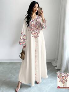 SHEIN Najma 女士彩色藤蔓图案数码印花V领长袖优雅阿拉伯风长连衣裙，春秋季 - 彩色 - 查看 1