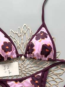 Swim Mod 2026 Spring/Summer Women's Solid Color Drawstring Halter Leopard Print Random Floral Beach Shell Decor Side Tie High Cut Thong Sexy Bikini Set Set - Multicolor - View 3