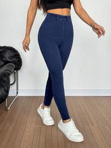 SHEIN Tall 女士夏季休闲高腰紧身牛仔裤，深蓝色弹力提臀收腹修身牛仔裤，带口袋，适合日常和街头穿搭。女士弹力腰紧身休闲牛仔裤。 - 深色水洗藍 - 查看 4