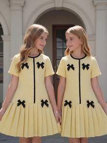 Elladie kids Tween Girl Round Neck Bow Decor Pleated Fashion Party & Casual Dress - Yellow - View 3
