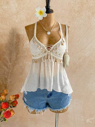 Soleia Top halter casual de mujer con decoración de concha