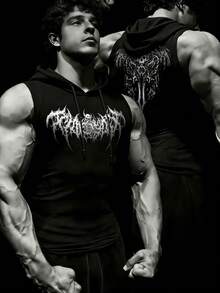 RISE LYT 男士翅膀骷髅印花抽绳连帽休闲百搭日常运动T恤 - 黑色 - 查看 1