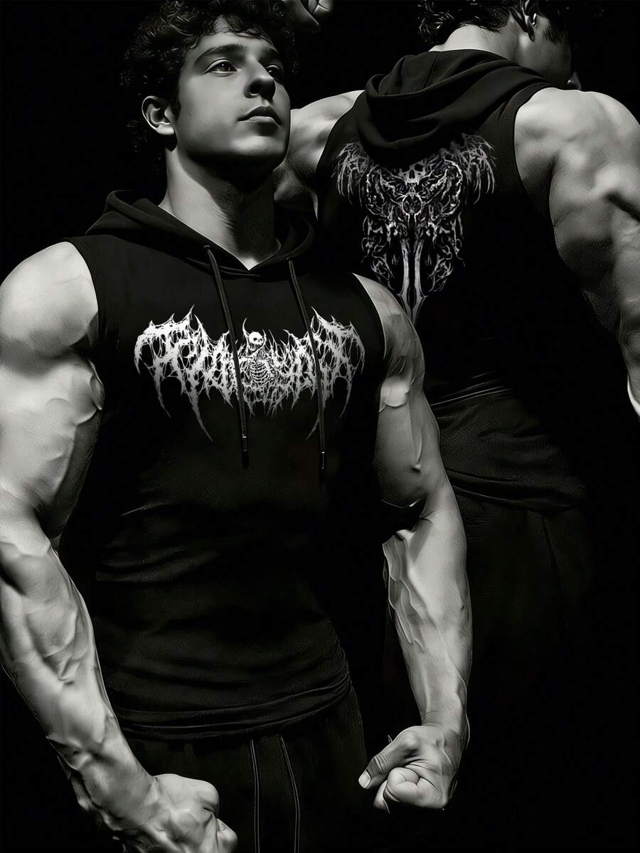 RISE LYT 男士翅膀骷髅印花抽绳连帽休闲百搭日常运动T恤 - 黑色 - 查看 1