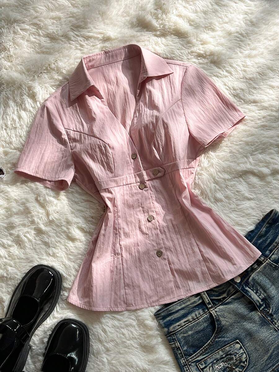 SHEIN 小众设计不对称白色衬衫,性感Polo领女式衬衫 - 粉色 - 查看 1